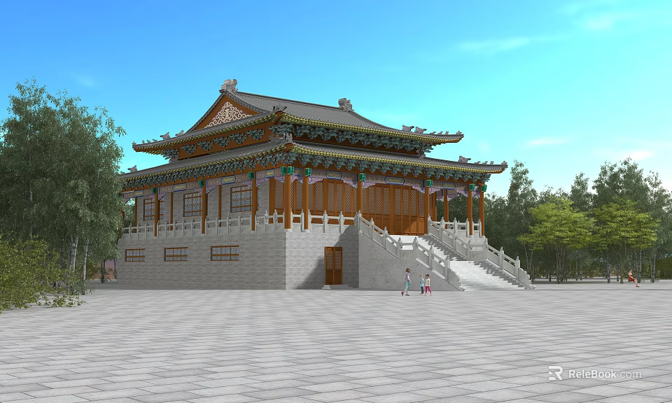 Ancient Chinese Traditional Architecture With Overhanging Eaves Wooden Structure Stone Base Steps And Surrounding Trees 3d model 