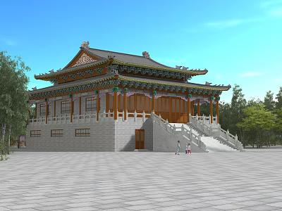 Ancient Chinese Traditional Architecture With Overhanging Eaves Wooden Structure Stone Base Steps And Surrounding Trees 3d model