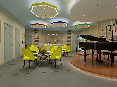 School Music Room With Colorful Ceiling Lights Yellow Chairs And Black Piano 3d model