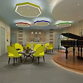 School Music Room With Colorful Ceiling Lights Yellow Chairs And Black Piano