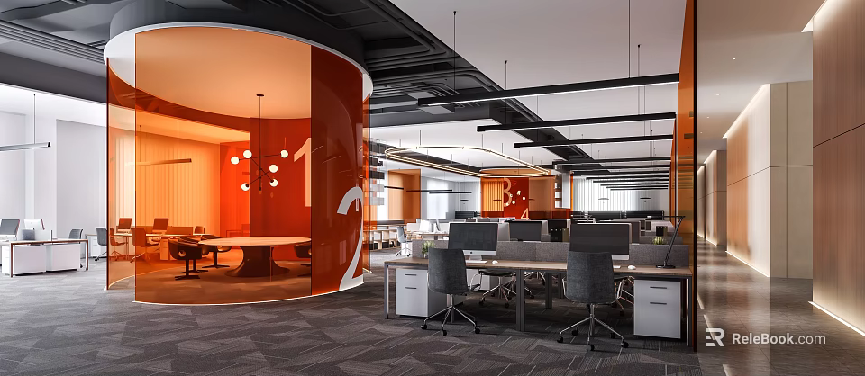 Modern Public Office Space With Open Layout Desks Office Chairs And Storage Cabinets 3d model 