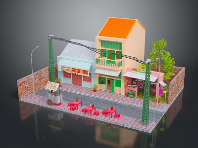 Miniature Street Scene Model With Two Story Building Orange Roof Single Story Awning Brick Wall Street Lamp Red Tables And Chairs 3d model