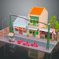 Miniature Street Scene Model With Two Story Building Orange Roof Single Story Awning Brick Wall Street Lamp Red Tables And Chairs