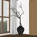 Bonsai Plant in Black Clay Pot by Indoor Window with Bare Branches White Curtain Wooden Frame and Green View Outside