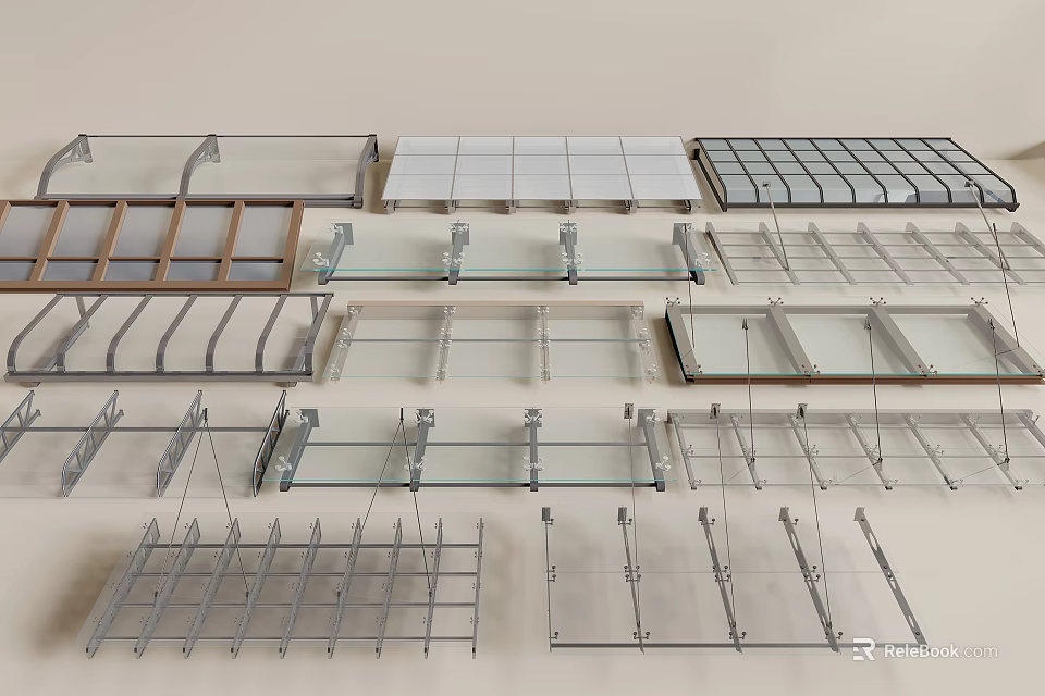 Various Modern Awning Styles With Glass Panels And Metal Frames For Outdoor Spaces 3d model 