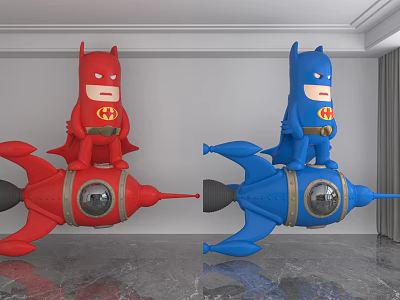 Cartoon Style Batman Sculptures On Red And Blue Rockets Against Gray Wall And Marble Floor 3d model