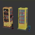 Vintage Yellow Phone Booths With Red Borders And Blue Buckets On Dark Surface