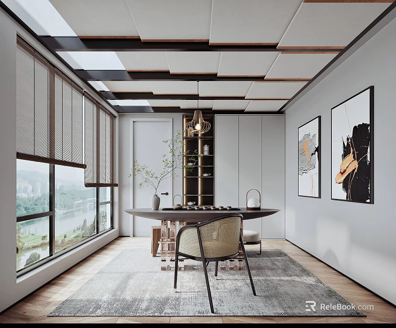 Modern Tea Room Interior With Scenic View And Large Windows 3d model