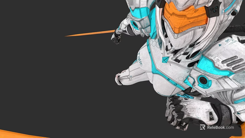 Woman In Blue And White Mechanical Armor With Orange Details And Robotic Legs 3d model 