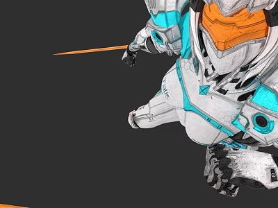 Woman In Blue And White Mechanical Armor With Orange Details And Robotic Legs 3d model