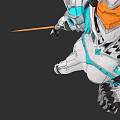 Woman In Blue And White Mechanical Armor With Orange Details And Robotic Legs