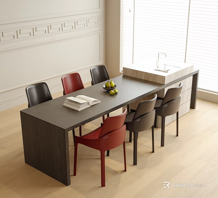 Modern Dining Table Black Red Chairs Open Book Fruit Bowl in Bright Room 3d model 