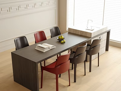 Modern Dining Table Black Red Chairs Open Book Fruit Bowl in Bright Room 3d model