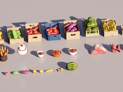 Assorted Fresh Fruits Display with Strawberries Blueberries Purple Green Yellow Varieties in Wooden Crates 3d model