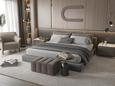 Modern Bedroom Interior With Double Bed Wooden Headboard Decorative Letter C Bedside Tables And Bench 3d model
