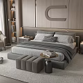 Modern Bedroom Interior With Double Bed Wooden Headboard Decorative Letter C Bedside Tables And Bench
