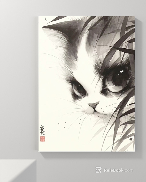 Cat Animal Painting in Chinese Ink Wash Style with Big Eyes and Bamboo Leaves 3d model 