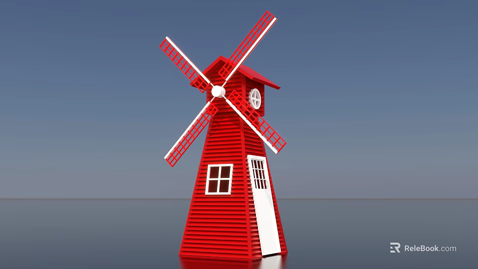 Red Windmill Photo Check in Spot With White Blades Windows Door And Blue Sky 3d model 