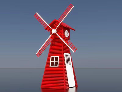 Red Windmill Photo Check in Spot With White Blades Windows Door And Blue Sky 3d model