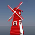 Red Windmill Photo Check in Spot With White Blades Windows Door And Blue Sky