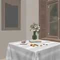 Elegant Decorative Ornament Set With Green Vase Flowers Pink Cup And Wooden Windows Scenic View