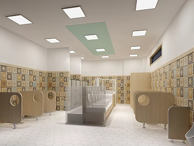 Bright Public Toilet Interior With Clean Tile Walls Wooden Stalls And Hexagonal Floor Tiles 3d model