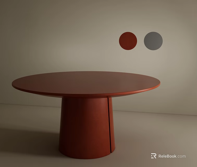 Round Red Dining Table with Cylindrical Base against Light Colored Wall and Two Circular Decorations 3d model