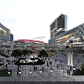 Vibrant Modern Commercial Street Featuring Tall Buildings Open Plaza Pedestrians And Greenery