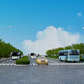 City Road Facilities With Street Lamps Green Trees Buses Cars Zebra Crossings And Green Belts