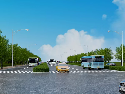 City Road Facilities With Street Lamps Green Trees Buses Cars Zebra Crossings And Green Belts 3d model