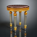 Elegant Stool with Round Leather Seat Golden Ornate Trim and Silver Decorative Legs
