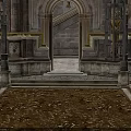 Classic Stone Building Entrance With Arched Door Steps Carved Details And Brown Leaf Covered Ground