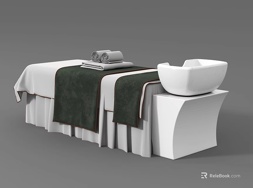 Comfortable Massage Bed with White Sheets Green Towels and White Wash Basin in Spa Setting 3d model 