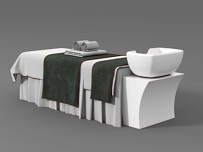 Comfortable Massage Bed with White Sheets Green Towels and White Wash Basin in Spa Setting 3d model