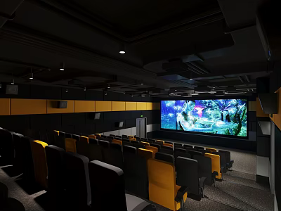 Modern Cinema Auditorium Interior With Comfortable Black And Yellow Seats And Large Projection Screen 3d model