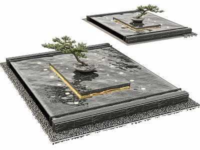Stylish Water Fountain Design Featuring Square Black Stone Base Small Pine Tree And Golden Border 3d model