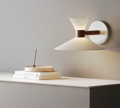 Modern Minimalist Wall Lamp Featuring White Shade Brown Metal in Living Room with Books 3d model
