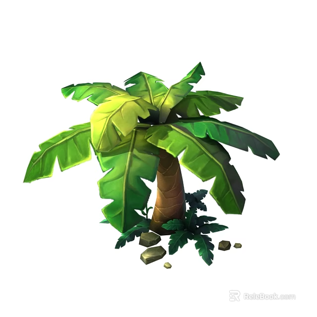 Cartoon Scene of Lush Palm Tree With Large Green Leaves Brown Trunk And Stones 3d model 
