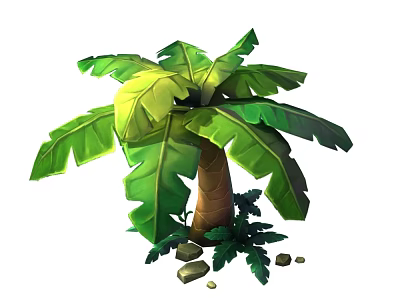 Cartoon Scene of Lush Palm Tree With Large Green Leaves Brown Trunk And Stones 3d model