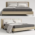 Modern Style Double Bed with Beige Headboard Gray Bedding and Decorative Pillows 3d model