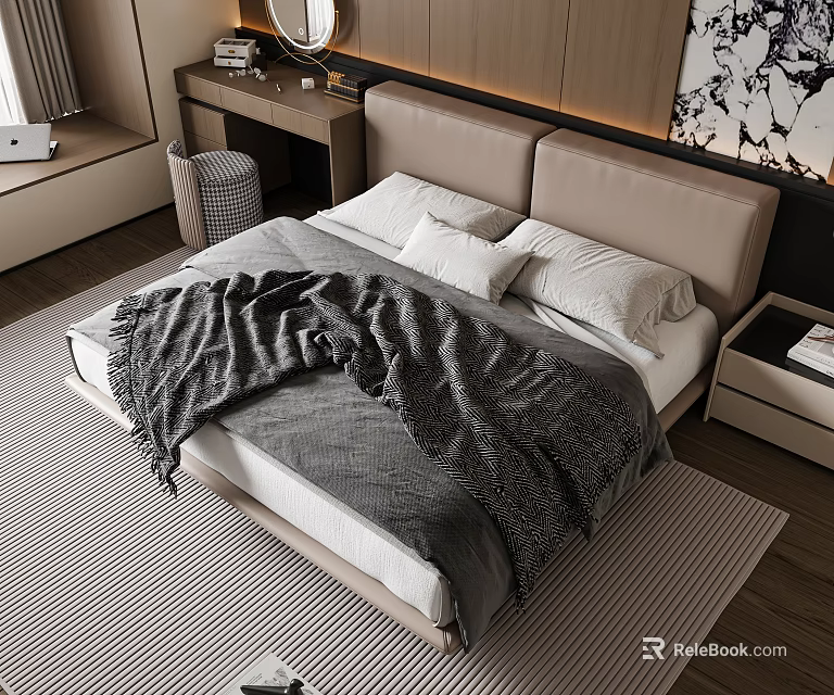 Minimalist Double Bed In Modern Bedroom With Beige Headboard Gray Blanket White Pillows And Carpet 3d model 