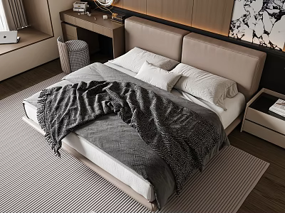 Minimalist Double Bed In Modern Bedroom With Beige Headboard Gray Blanket White Pillows And Carpet 3d model