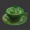 Creamy Dessert with Whipped Cream and Blackberry in Vintage Red Floral Teacup and Saucer