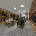 Modern Clothing Store Interior With Wooden Shelves Hanging Clothes Display Tables And Ceiling Lights