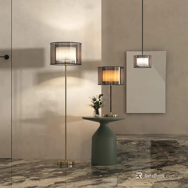 Modern Interior Lighting Combinations Featuring Floor Lamp Table Lamp and Pendant Lamp on Green Table 3d model 