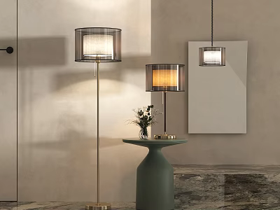 Modern Interior Lighting Combinations Featuring Floor Lamp Table Lamp and Pendant Lamp on Green Table 3d model
