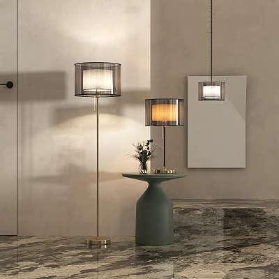 Modern Interior Lighting Combinations Featuring Floor Lamp Table Lamp and Pendant Lamp on Green Table 3d model
