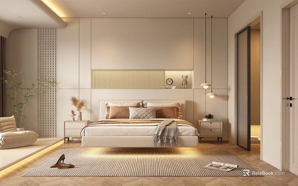 Modern Minimalist Bedroom Interior With Cozy Bed Pillows Throw Blanket Bedside Tables And Hanging Lights 3d model 
