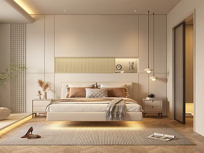 Modern Minimalist Bedroom Interior With Cozy Bed Pillows Throw Blanket Bedside Tables And Hanging Lights 3d model
