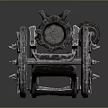 Fantasy Metallic Weapon Wheeled Cannon With Blue Glowing Accents Design